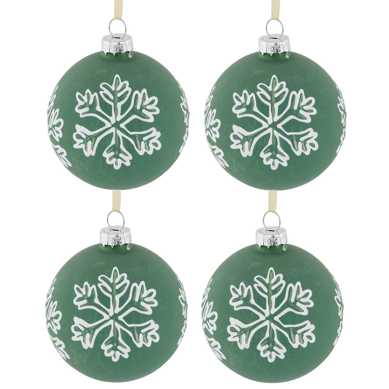 Northlight Glass Christmas Ball Ornaments with Snowflakes - 3" (80mm) - Green and White - 4ct
